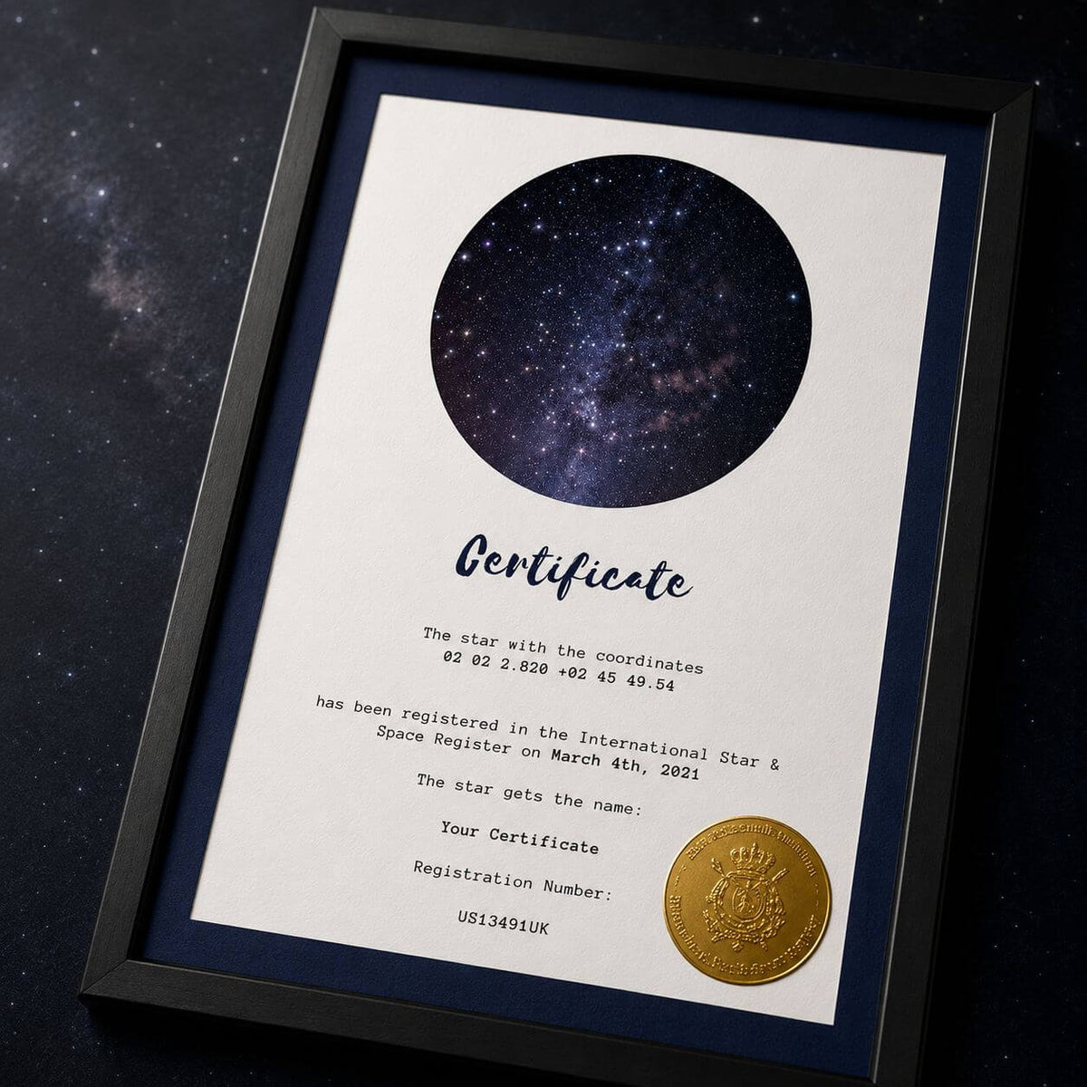 Blue name a star certificate with black frame and star coordinates